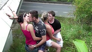 Big tits gaffer model Krystal Swift in public sexual intercourse foursome orgy with 2 guys